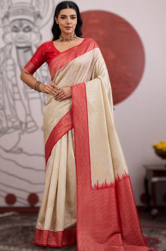 off white handloom weaving paper silk blend saree with paper silk blend blouse – casual & festive wear