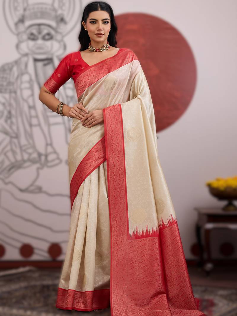 off white handloom weaving paper silk blend saree with paper silk blend blouse     casual & festive wear