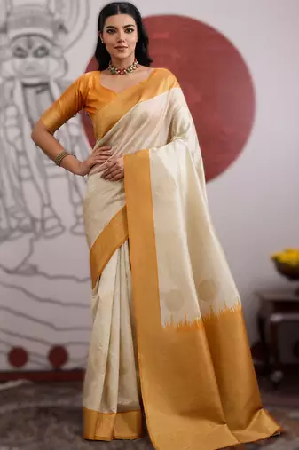 off white handloom weaving paper silk blend saree with paper silk blend blouse     casual & festive wear