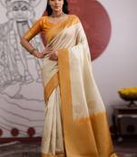 off white handloom weaving paper silk blend saree with paper silk blend blouse     casual & festive wear