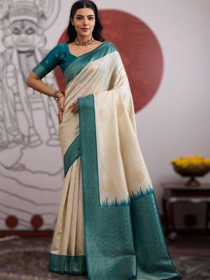 off white weaving paper silk blend saree with paper silk blend blouse  casual & festive wear 1
