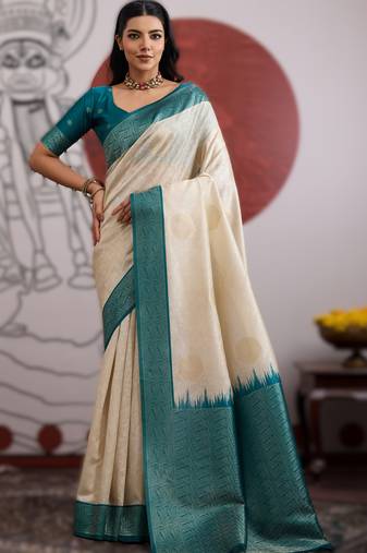 off white handloom weaving paper silk blend saree with paper silk blend blouse – casual & festive wear