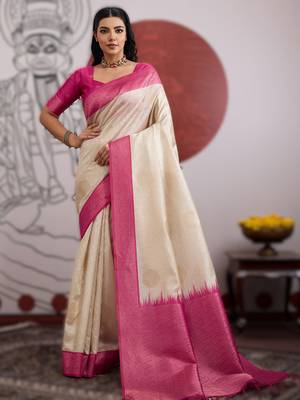 off white weaving paper silk blend saree with paper silk blend blouse casual & festive wear 1
