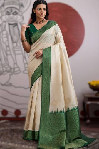 off white handloom weaving paper silk blend saree with paper silk blend blouse     casual & festive wear