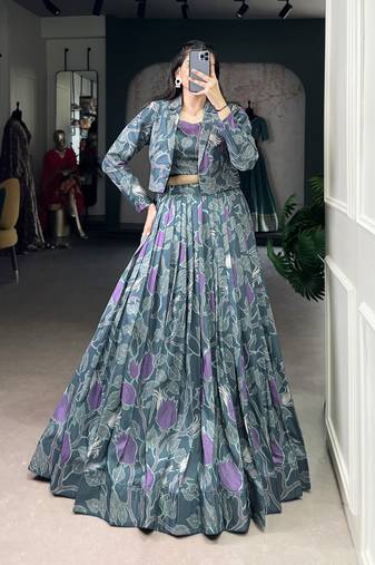 teal Tasar Silk Printed Lehenga Choli with jacket