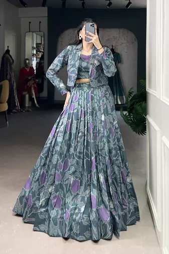 teal Tasar Silk Printed Lehenga Choli with jacket