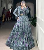 teal Tasar Silk Printed Lehenga Choli with jacket
