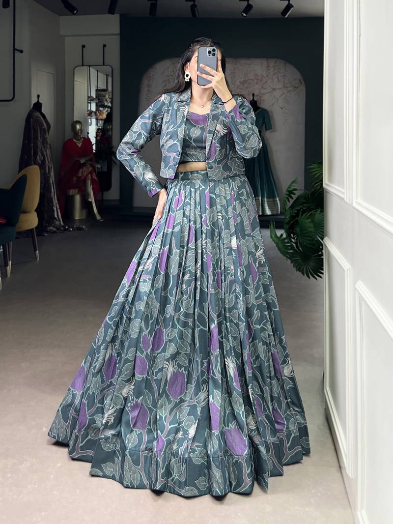 teal Tasar Silk Printed Lehenga Choli with jacket