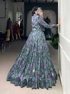 teal Tasar Silk Printed Lehenga Choli with jacket 3