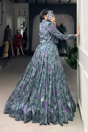 teal Tasar Silk Printed Lehenga Choli with jacket