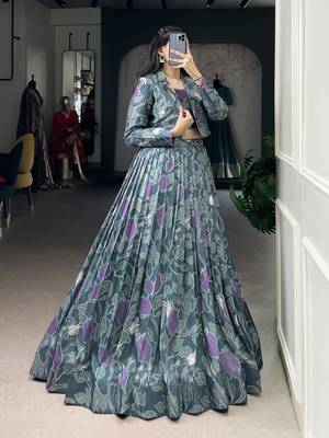 teal Tasar Silk Printed Lehenga Choli with jacket 4