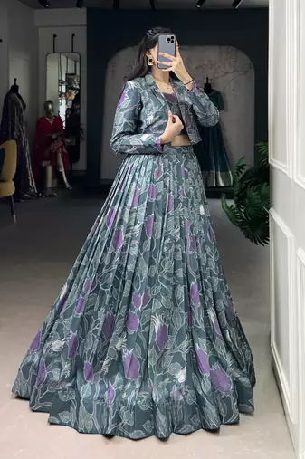 teal Tasar Silk Printed Lehenga Choli with jacket