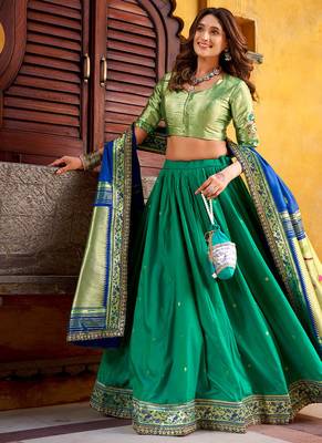 Royal Paithani Soft Silk Lehenga Choli with Zari Weaving, Sequins & Thread Embroidery and batua 1