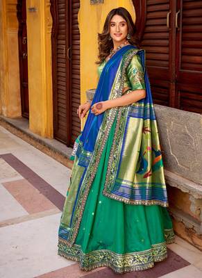 Royal Paithani Soft Silk Lehenga Choli with Zari Weaving, Sequins & Thread Embroidery and batua 3