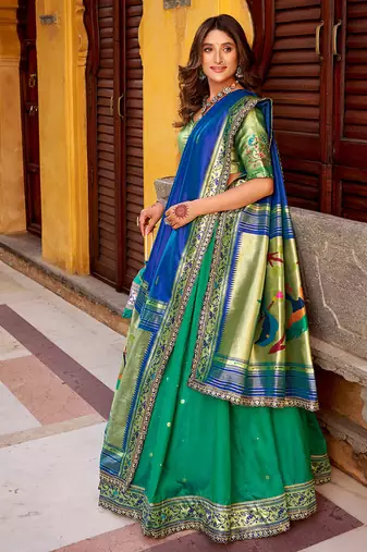 Royal Paithani Soft Silk Lehenga Choli with Zari Weaving, Sequins & Thread Embroidery and batua