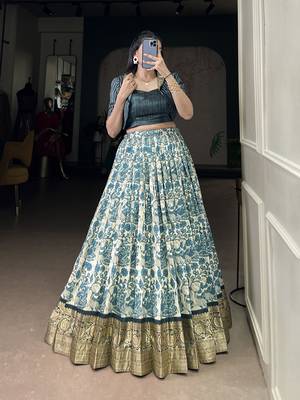 blue printed tassar silk lehenga choli with shrug 1
