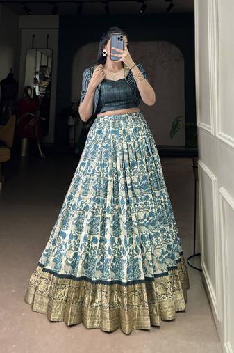 blue printed tassar silk lehenga choli with shrug