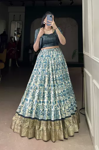 blue printed tassar silk lehenga choli with shrug