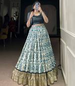 blue printed tassar silk lehenga choli with shrug
