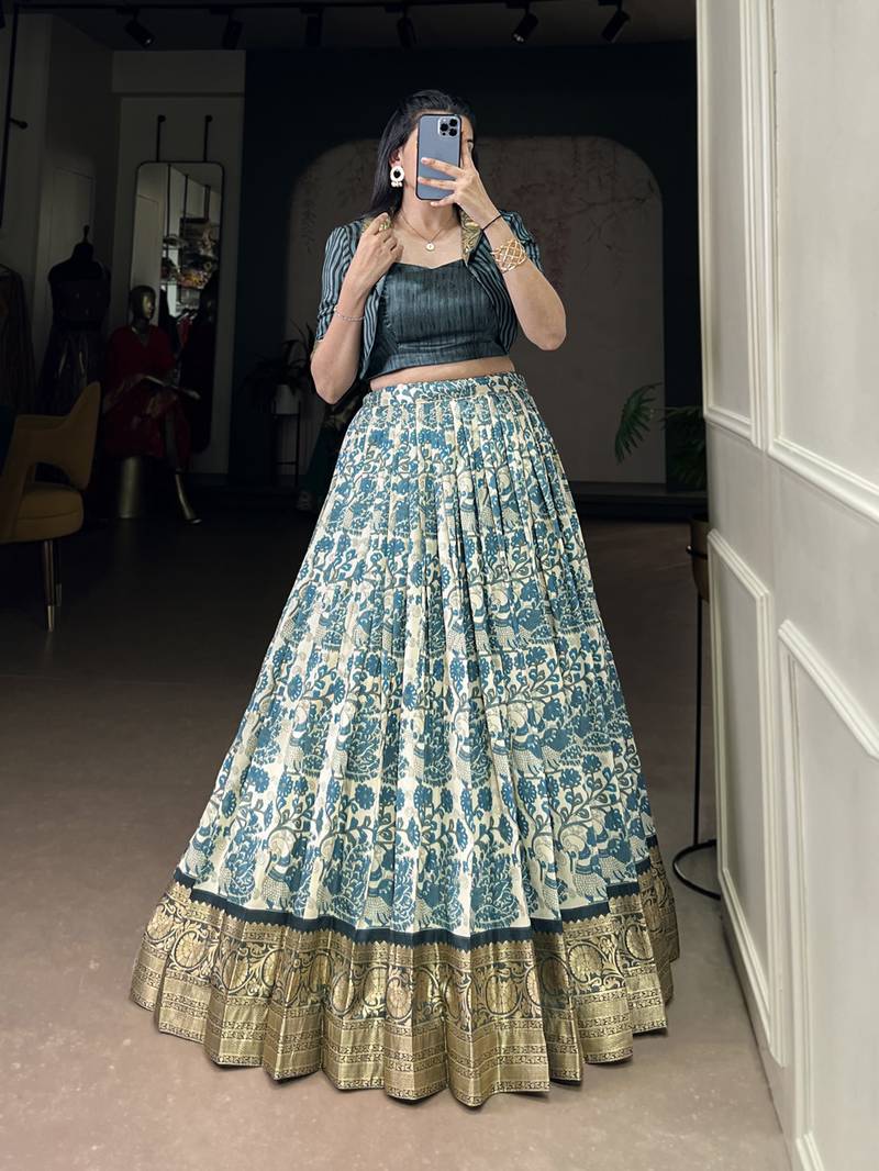 blue printed tassar silk lehenga choli with shrug