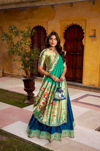 Royal Paithani Soft Silk Lehenga Choli with Zari Weaving, Sequins & Thread Embroidery with batua