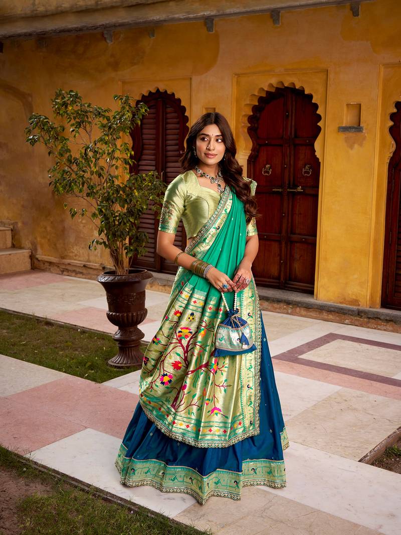 Royal Paithani Soft Silk Lehenga Choli with Zari Weaving, Sequins & Thread Embroidery with batua