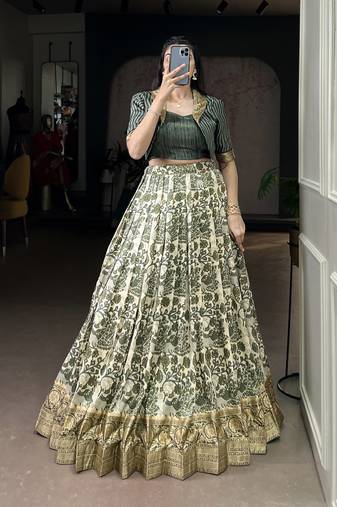 green printed tassar silk lehenga choli with shrug