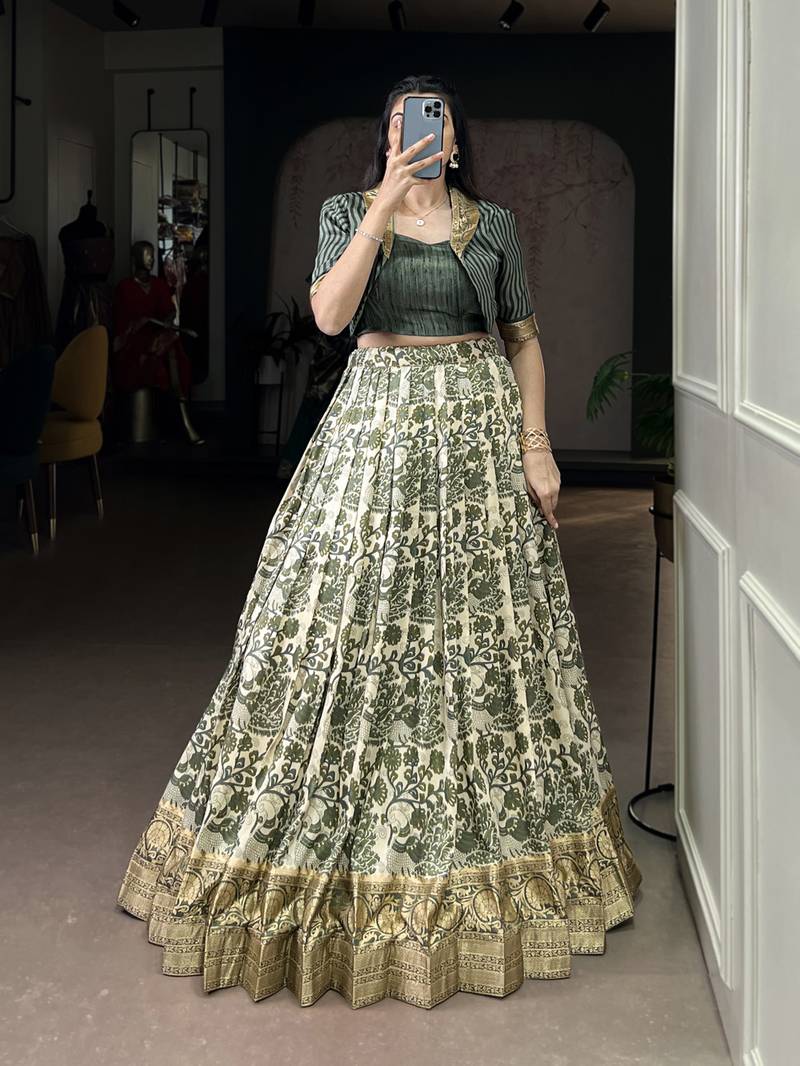 green printed tassar silk lehenga choli with shrug
