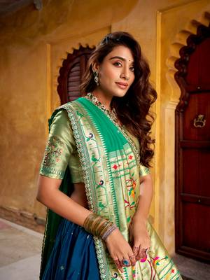 Royal Paithani Soft Silk Lehenga Choli with Zari Weaving, Sequins & Thread Embroidery with batua 3