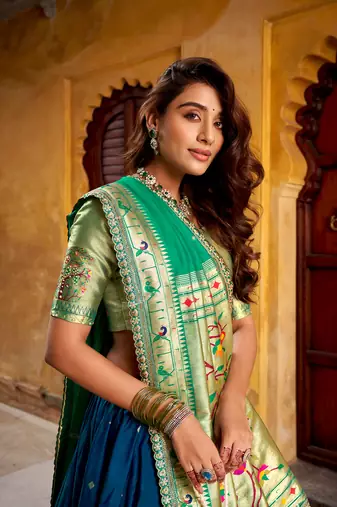 Royal Paithani Soft Silk Lehenga Choli with Zari Weaving, Sequins & Thread Embroidery with batua