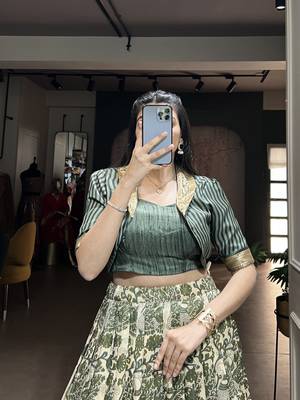 green printed tassar silk lehenga choli with shrug 2