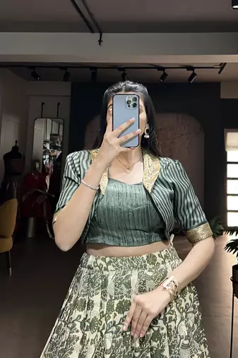 green printed tassar silk lehenga choli with shrug