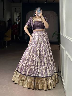 lavender printed Tassar Silk Lehenga Choli with shrug 1