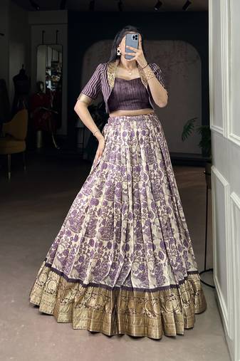 lavender printed Tassar Silk Lehenga Choli with shrug