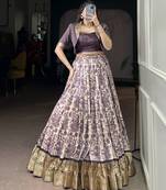 lavender printed Tassar Silk Lehenga Choli with shrug