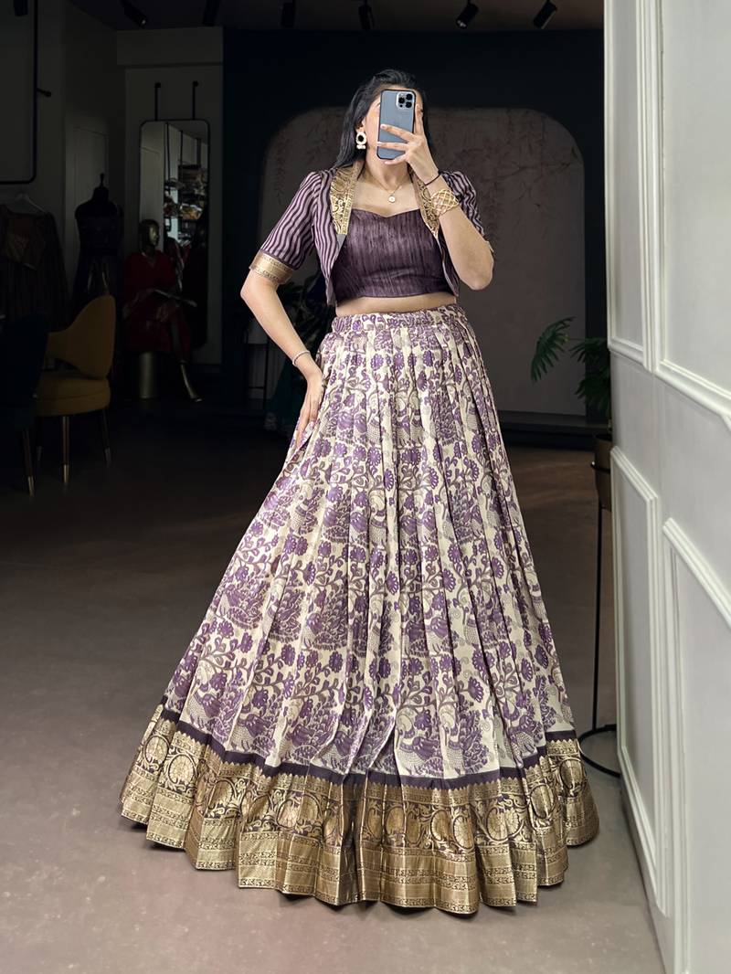 lavender printed Tassar Silk Lehenga Choli with shrug