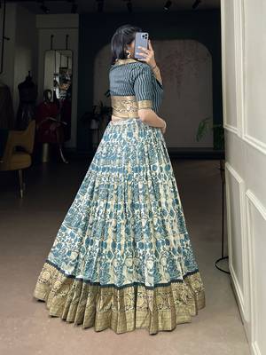 blue printed tassar silk lehenga choli with shrug 2