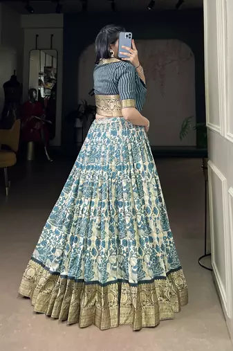 blue printed tassar silk lehenga choli with shrug