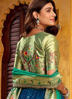Royal Paithani Soft Silk Lehenga Choli with Zari Weaving, Sequins & Thread Embroidery with batua 4