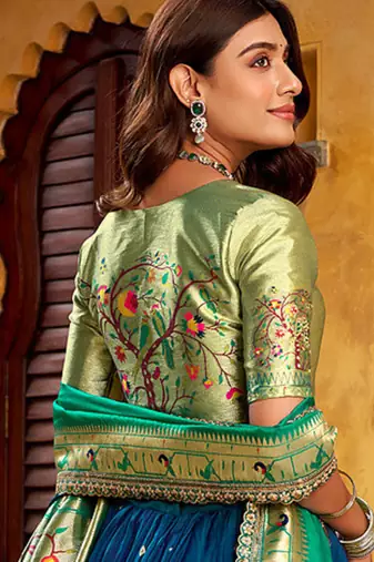 Royal Paithani Soft Silk Lehenga Choli with Zari Weaving, Sequins & Thread Embroidery with batua