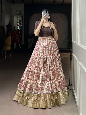 brown printed Tassar Silk Lehenga Choli with shrug 1