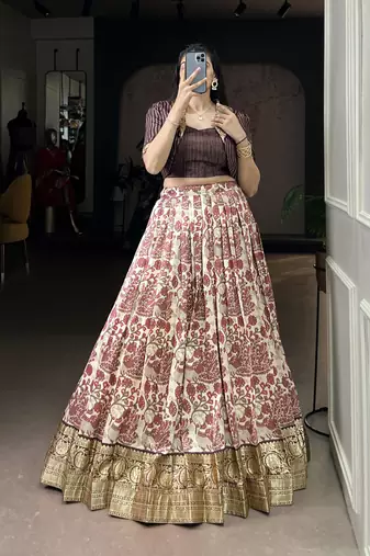 brown printed Tassar Silk Lehenga Choli with shrug