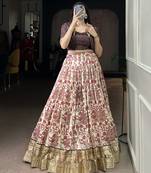 brown printed Tassar Silk Lehenga Choli with shrug
