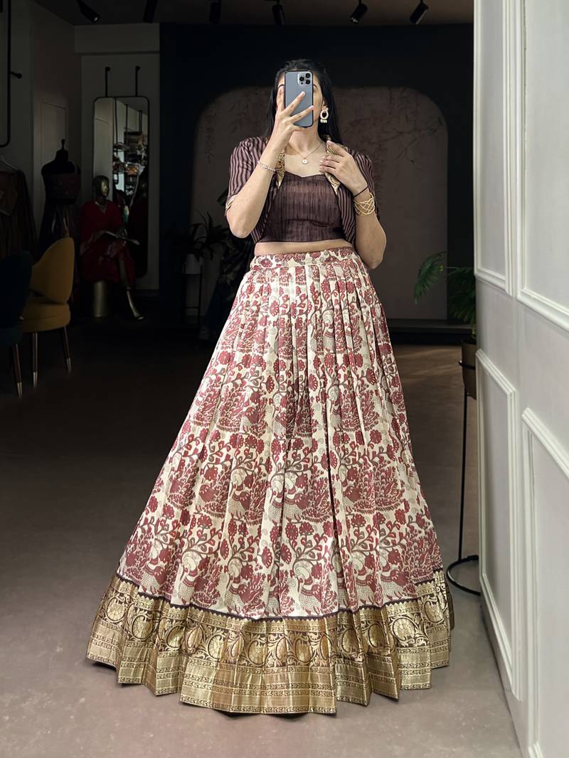 brown printed Tassar Silk Lehenga Choli with shrug