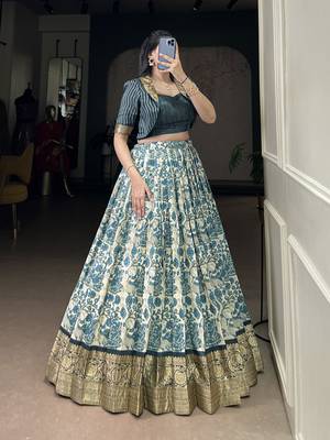 blue printed tassar silk lehenga choli with shrug 3