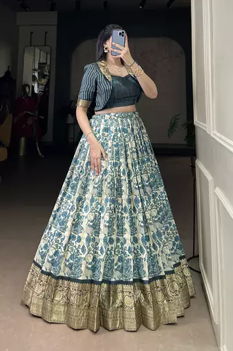 blue printed tassar silk lehenga choli with shrug