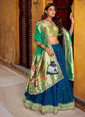 Royal Paithani Soft Silk Lehenga Choli with Zari Weaving, Sequins & Thread Embroidery with batua 5