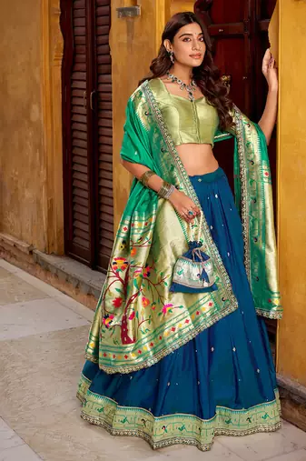 Royal Paithani Soft Silk Lehenga Choli with Zari Weaving, Sequins & Thread Embroidery with batua