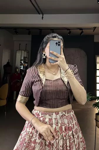brown printed Tassar Silk Lehenga Choli with shrug