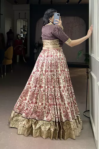 brown printed Tassar Silk Lehenga Choli with shrug